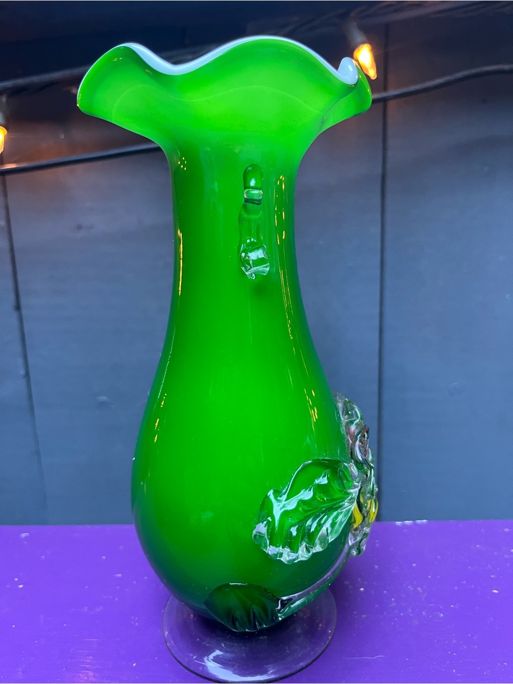 Vintage Murano Style (possibly authentic) Green Glass Vase Applied Flowers 8” - Picture 6 of 16